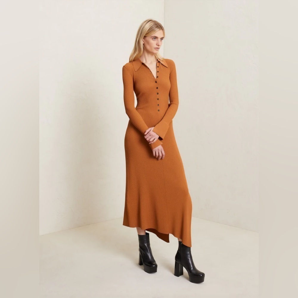 A.C.L. Dress Ribbed Knit Long Sleeve Collar Button Front Asymmetrical Maxis M